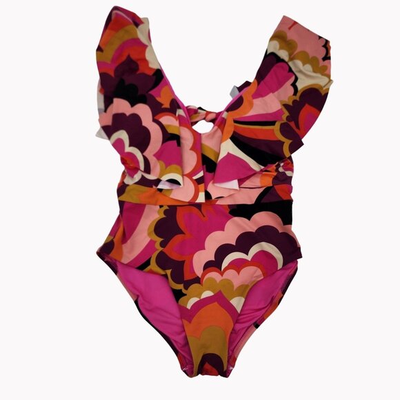Trina Turk womens size 10 Fan Faire Ruffle Plunge One-Piece Swimsuit New - Picture 1 of 11